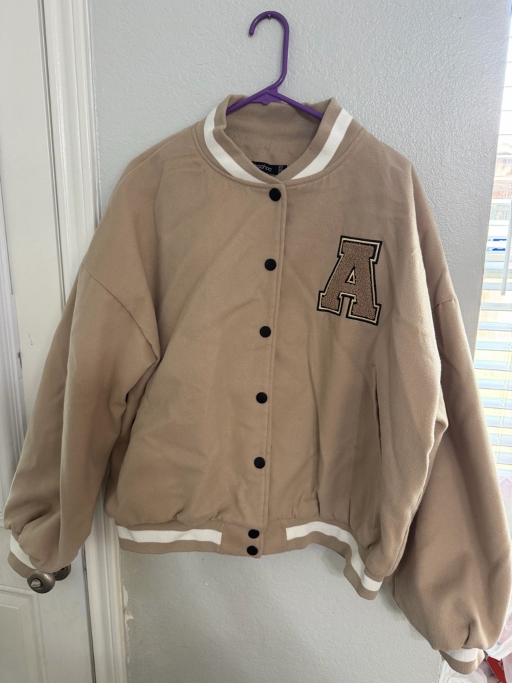Boohoo Beige Varsity Letterman Jacket with White Trim